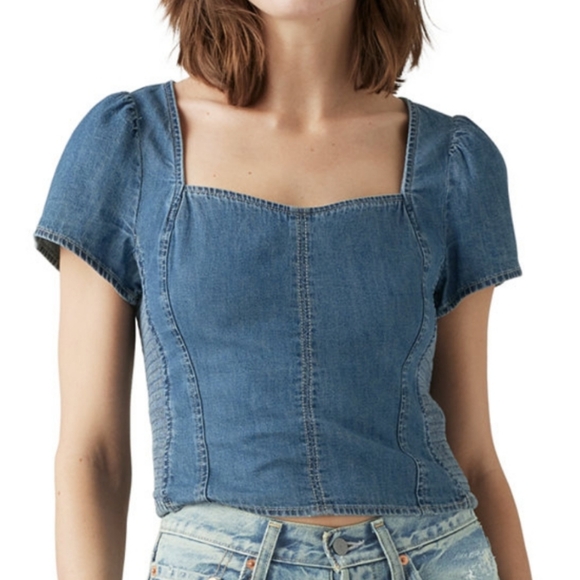 Blue Denim Puff-Sleeve Corset Top - Picture 1 of 5